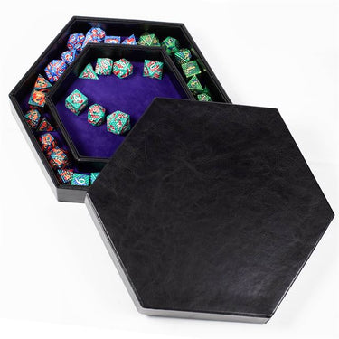 Purple Velvet & Black PU Leather - Hexagon Lid Dice Tray